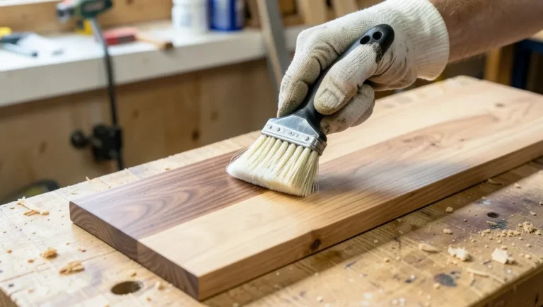 Applying two-part wood bleach to a sanded walnut wood plank with a brush