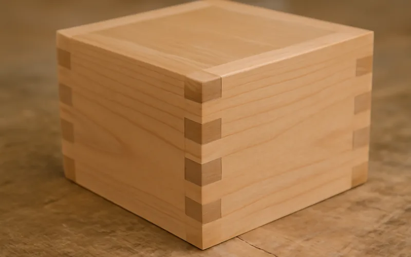 Interlocking box joint corner on a small light hardwood box Interlocking box joint corner on a small light hardwood box