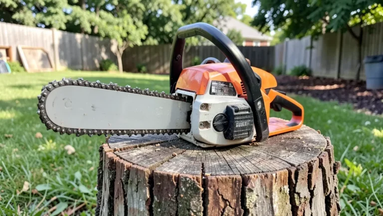 Cordless chainsaw with battery pack on a wood stump
