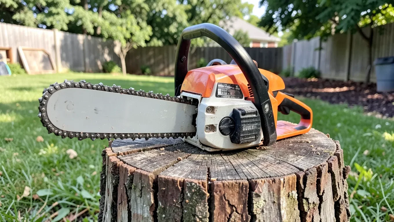Cordless chainsaw with battery pack on a wood stump