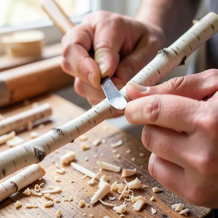 Hands using a carving knife to whittle a wand from a pale wood branch Hands using a carving knife to whittle a wand from a pale wood branch