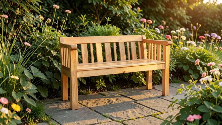 Cedar garden bench on a stone patio surrounded by blooming flowers