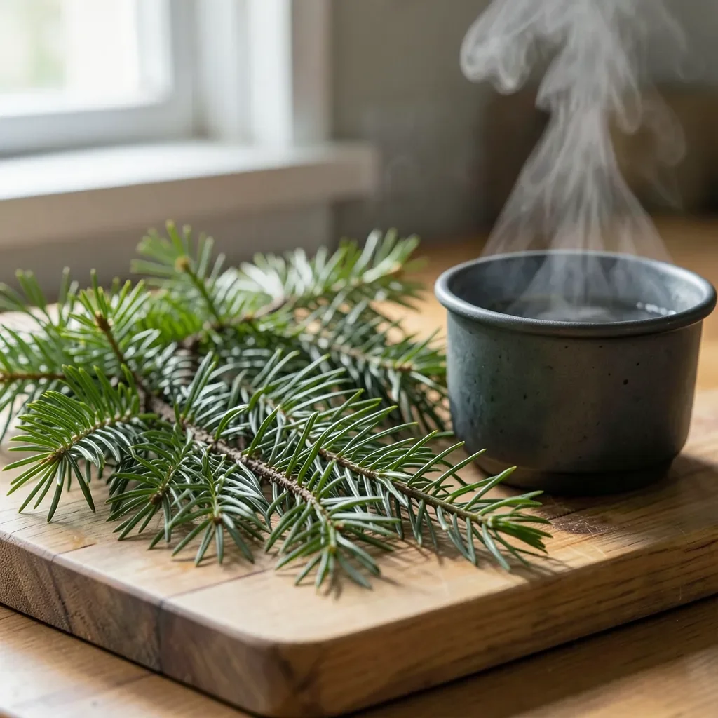 fresh evergreen conifer sprigs used for cedar tea next to a pot of hot water