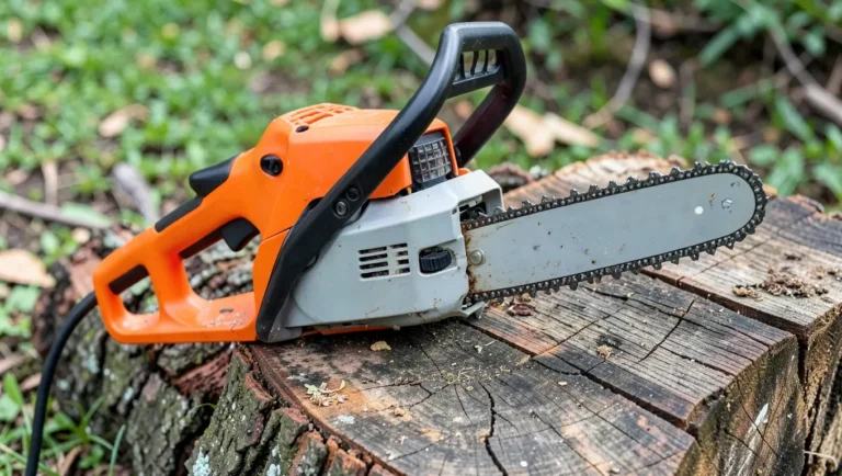 A gas chainsaw resting on a cut log