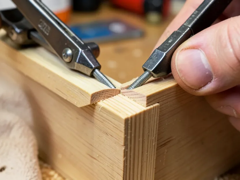 Corner clamps holding a wooden box square during glue-up