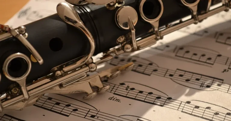 Black clarinet body on sheet music, a classic use of dark African blackwood