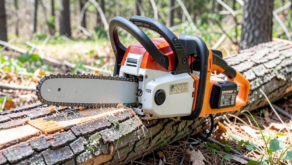Cordless battery-powered chainsaw cutting a log