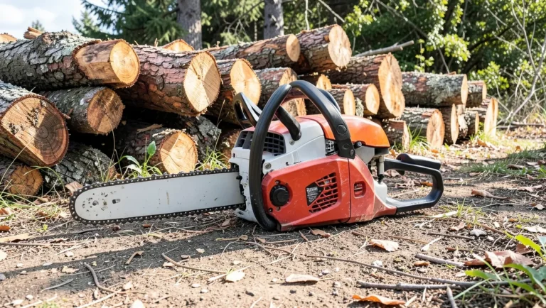 Gas chainsaw resting on cut logs outdoors with the chain brake handguard visible before starting