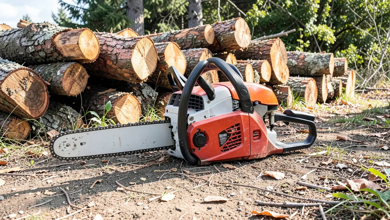 Gas chainsaw resting on cut logs outdoors with the chain brake handguard visible before starting