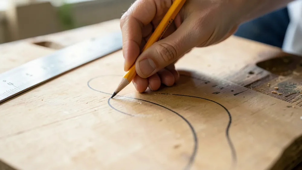 Tracing a curved cutting line on a wood board with a pencil and flexible ruler