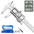 Digital caliper measuring wooden dowel diameter in inches and millimeters