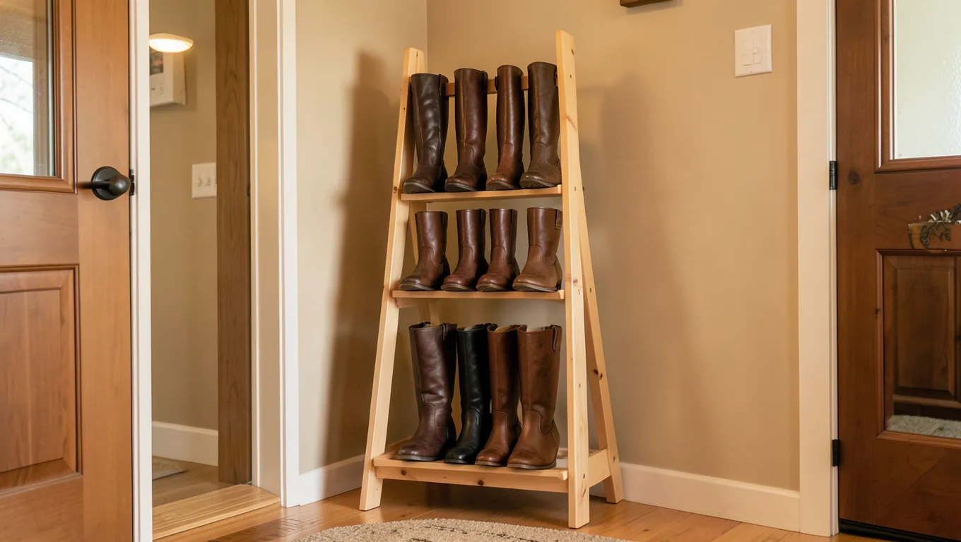 Tall wooden DIY boot rack in a home entryway holding several pairs of boots upright