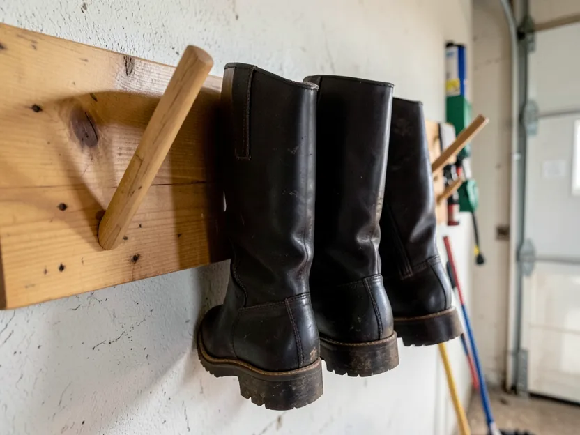 Wall-mounted wooden boot rack with angled dowels holding tall boots upside down to dry