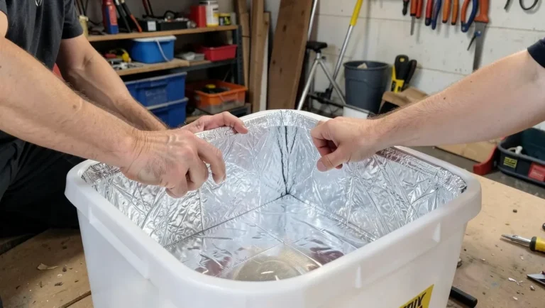 Hands lining the interior of a cooler with reflective foil insulation for a DIY cooler insulation project