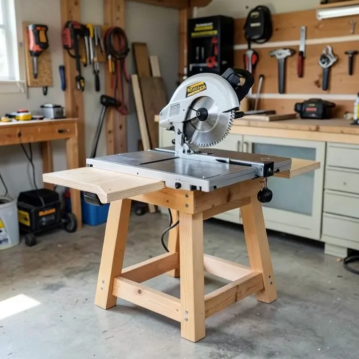 DIY miter saw stand with fold-down support wings