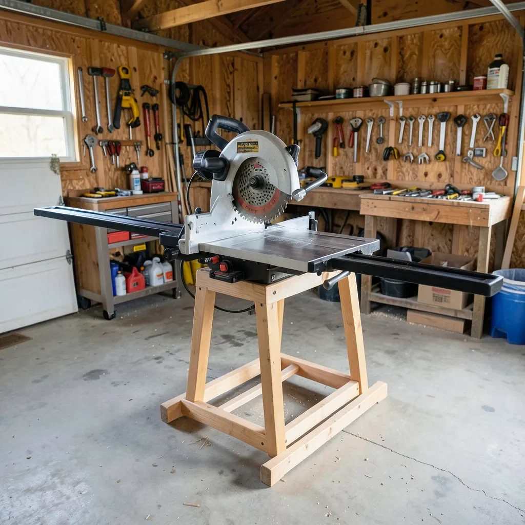 DIY miter saw stand with long support wings in a garage workshop