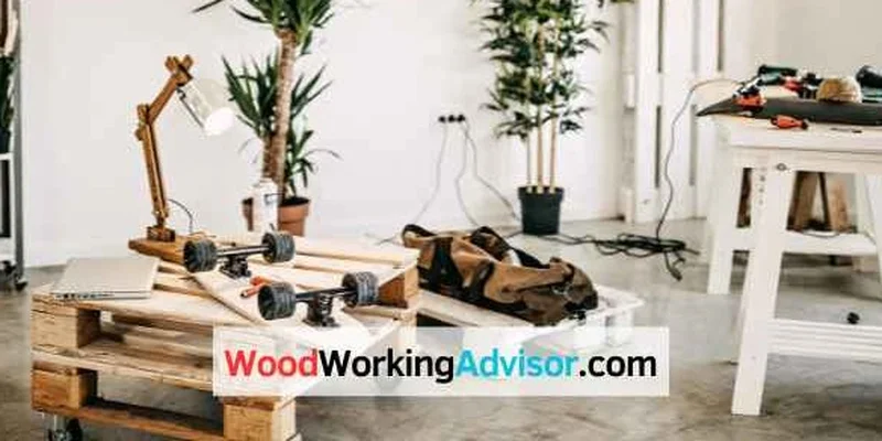 DIY wood projects home workshop with a pallet-wood workbench and hand tools