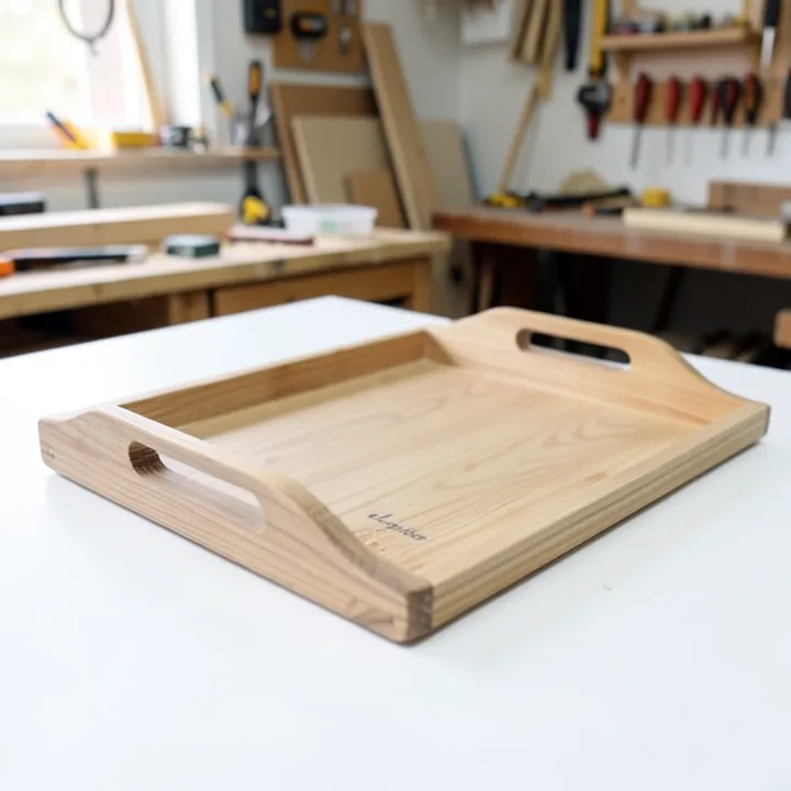 Finished handmade wood serving tray with cutout handles on a white background