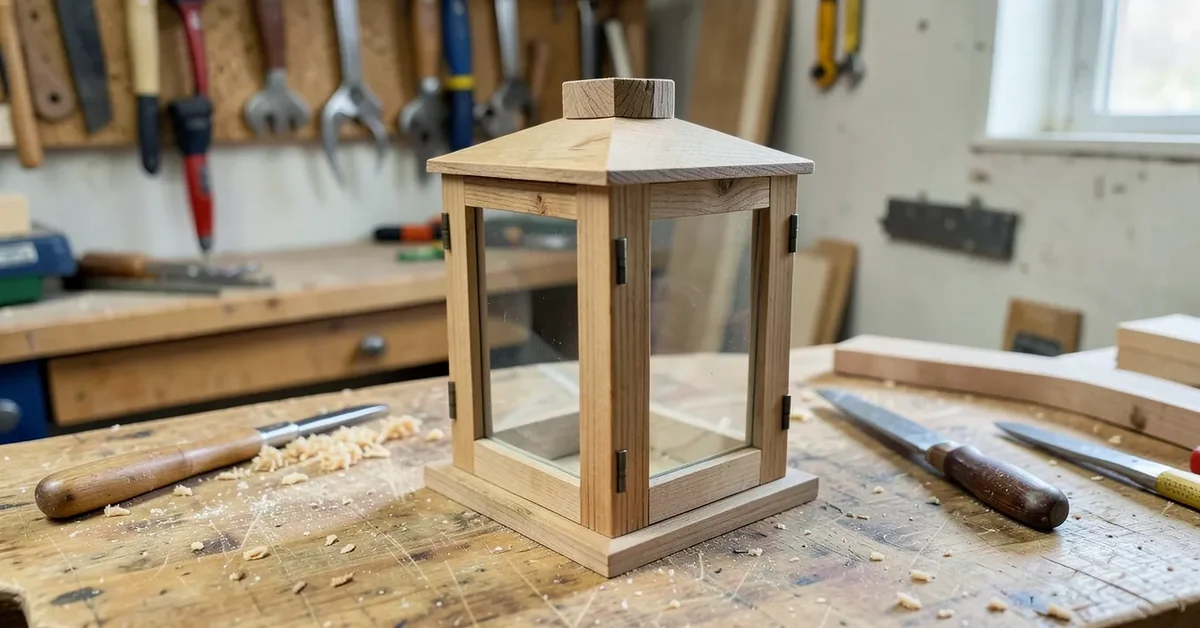 Handmade wooden lantern with glass panels on a workshop bench
