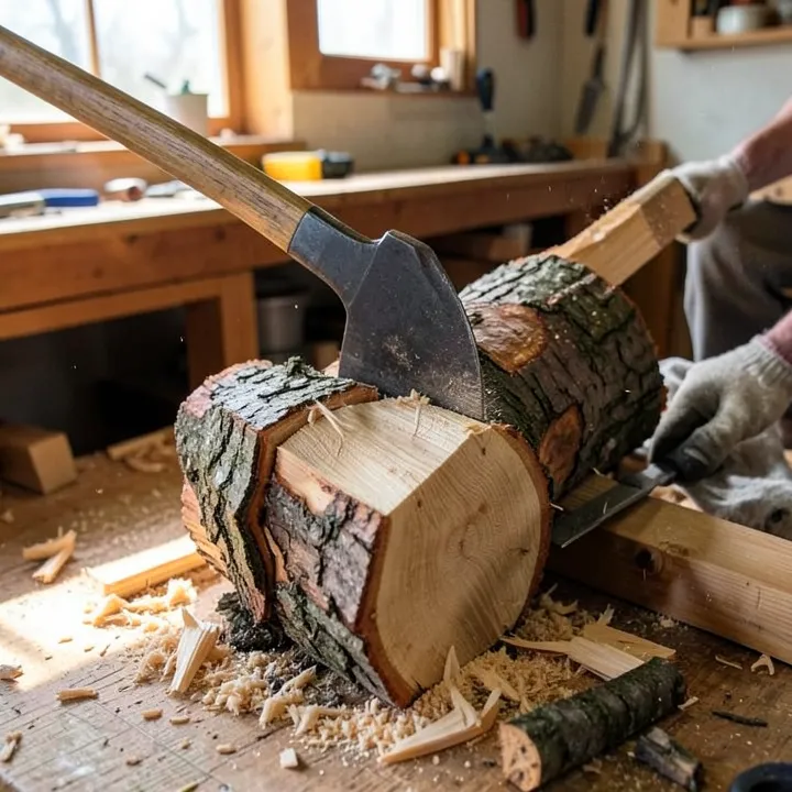 axe wedged into split ash firewood log ready for splitting