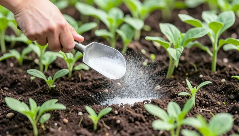 Gardener sprinkling wood ash onto garden soil next to young seedlings
