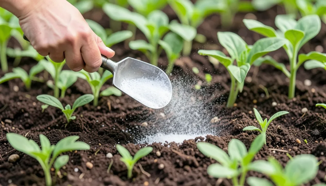 Gardener sprinkling wood ash onto garden soil next to young seedlings
