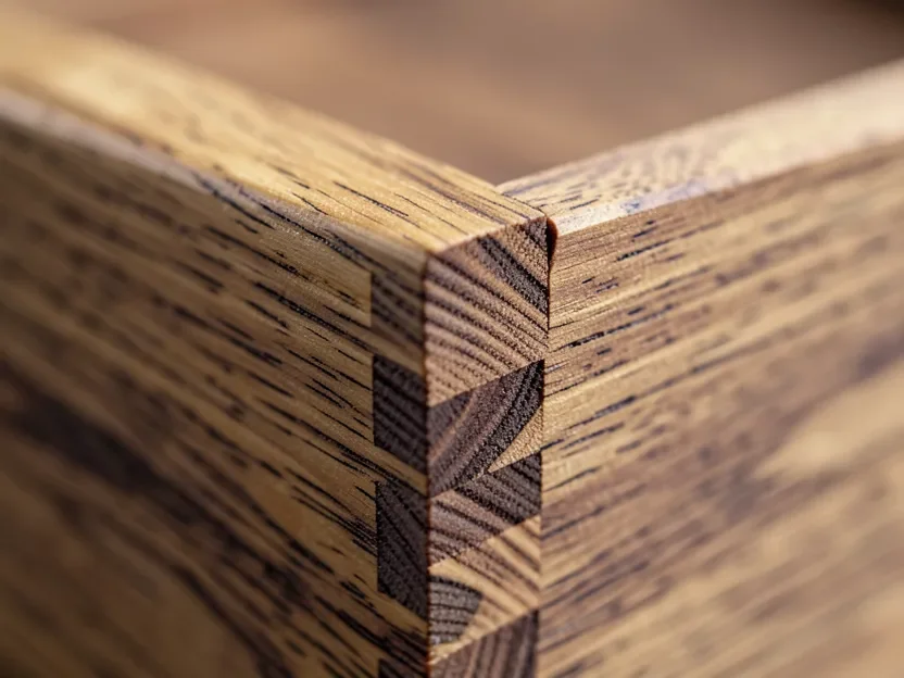 Close-up of an interlocking dovetail joint on the corner of a solid wood box