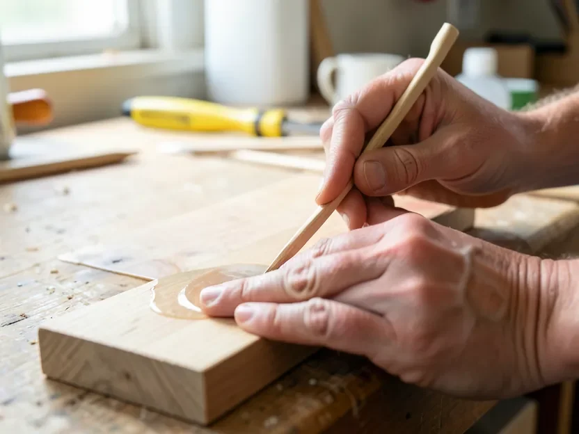 Spreading a thin even layer of E6000 adhesive onto a wood surface with a craft stick