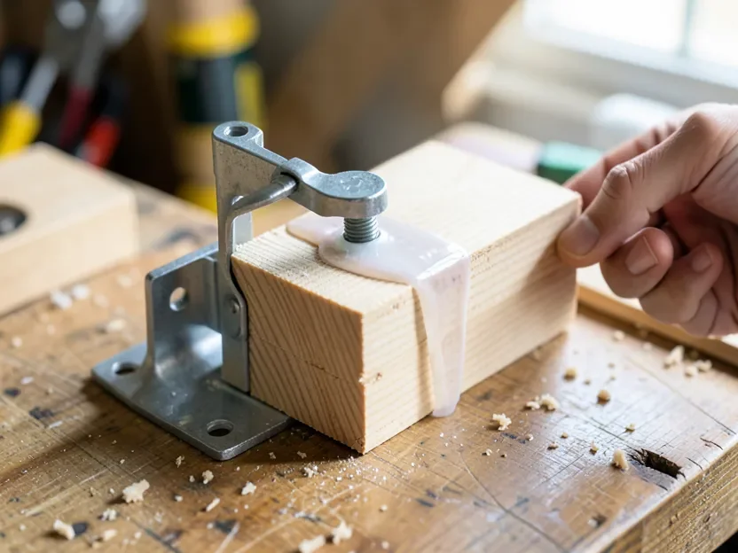 A wood block clamped to a metal bracket while E6000 adhesive cures