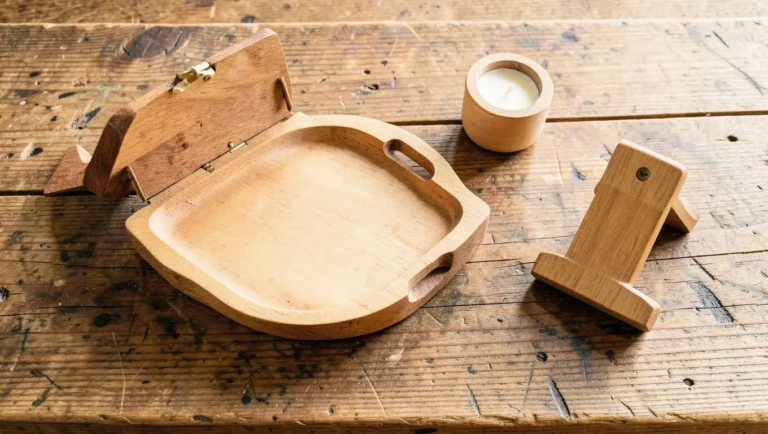 Handmade wooden gift items including a jewelry box, serving tray, candle holder, and phone stand on a workbench