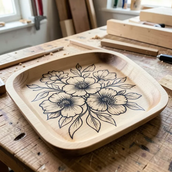 hand-burned floral pyrography pattern on a wooden serving tray, dark line work on light wood