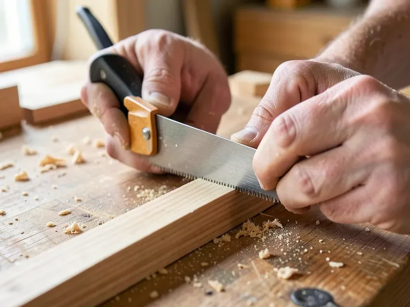 Hands using a hand miter box and back saw to make a precise angled cut in a small piece of wood