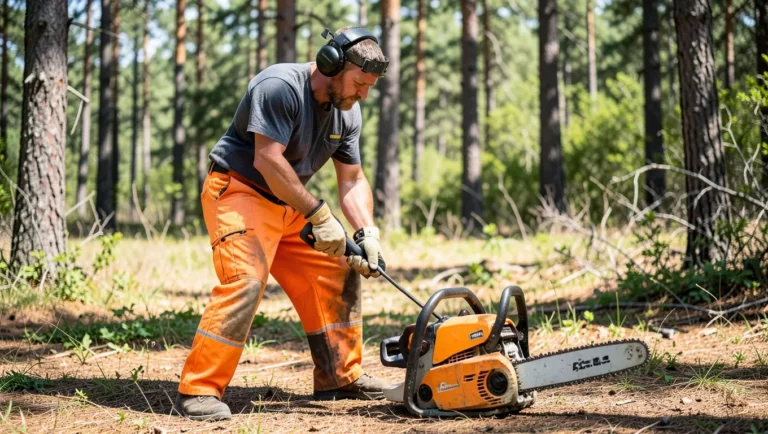 Man wearing chainsaw chaps pulling the starter cord to start a gas chainsaw outdoors