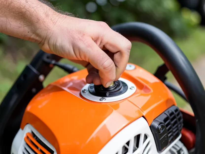 Hand pressing the primer bulb on a gas chainsaw before starting