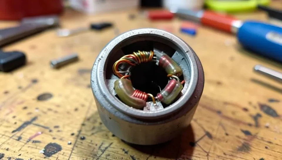 Close-up of electric motor internal magnets and windings