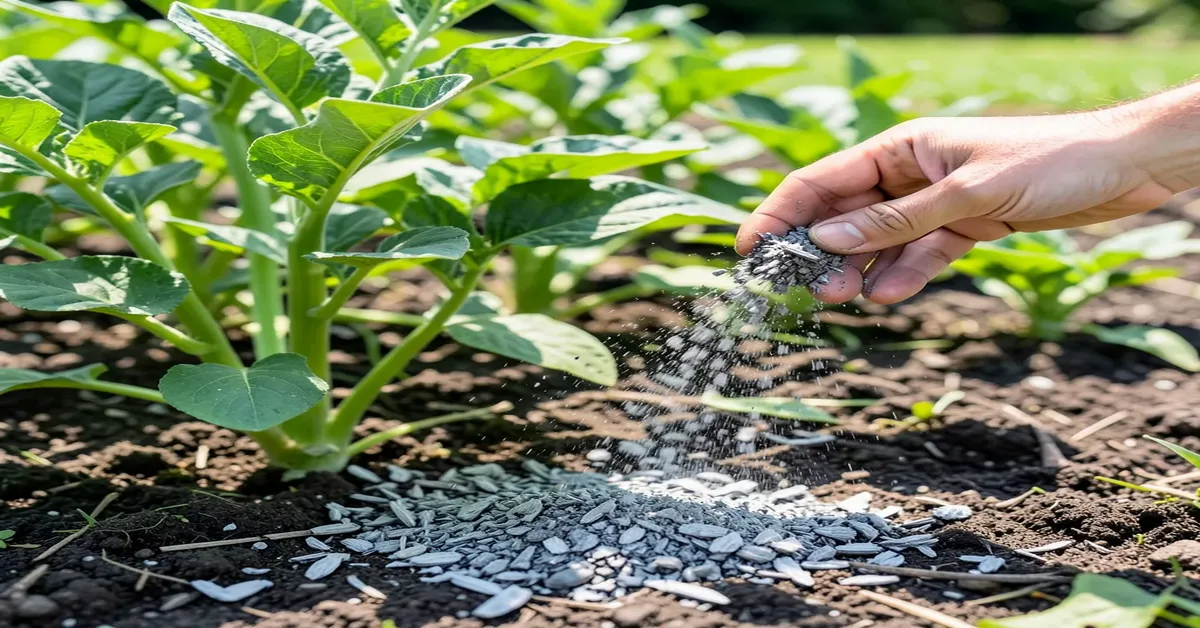 Wood ash applied around a garden plant