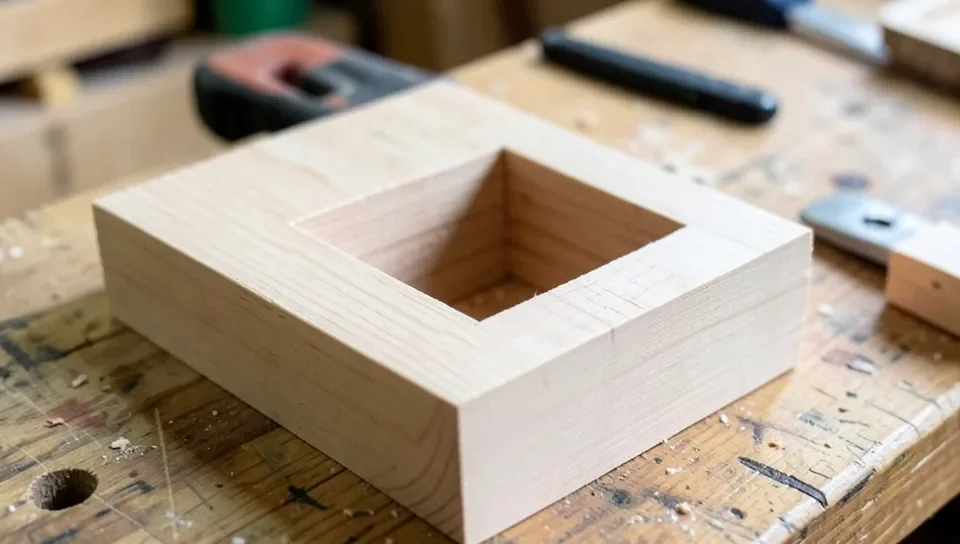 A clean, finished square mortise hole in wood