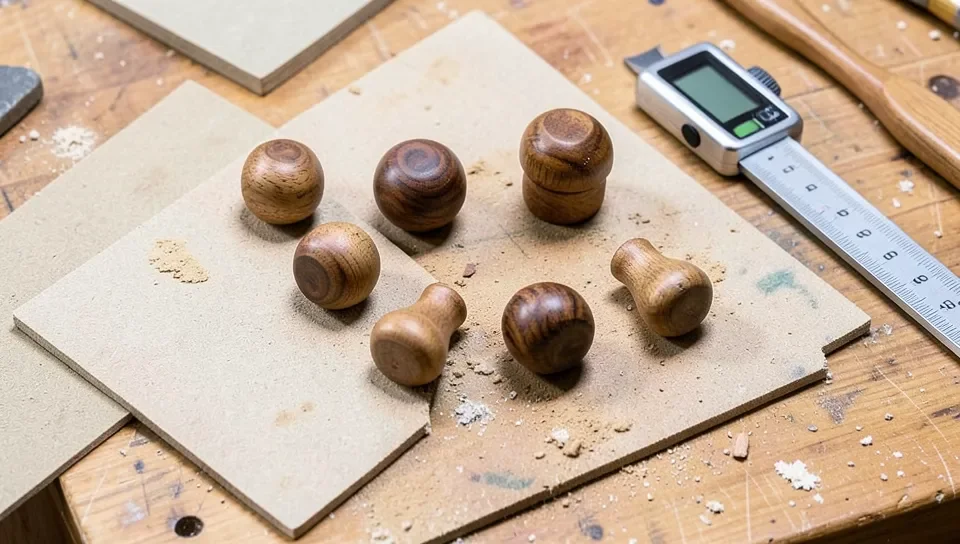 Finished wooden ear gauge plugs in maple walnut and olive wood next to a digital caliper