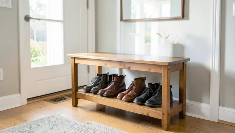 Finished wood shoe bench with a lower shelf in a home entryway