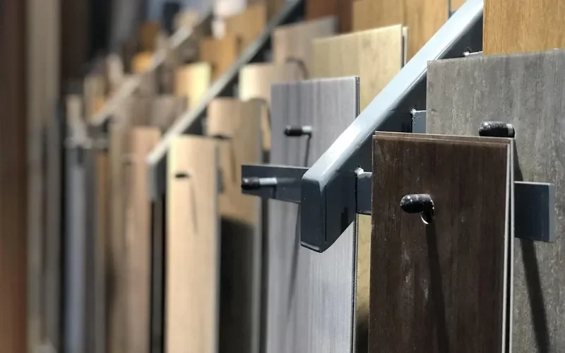 Decorative surface sample boards on a display rack