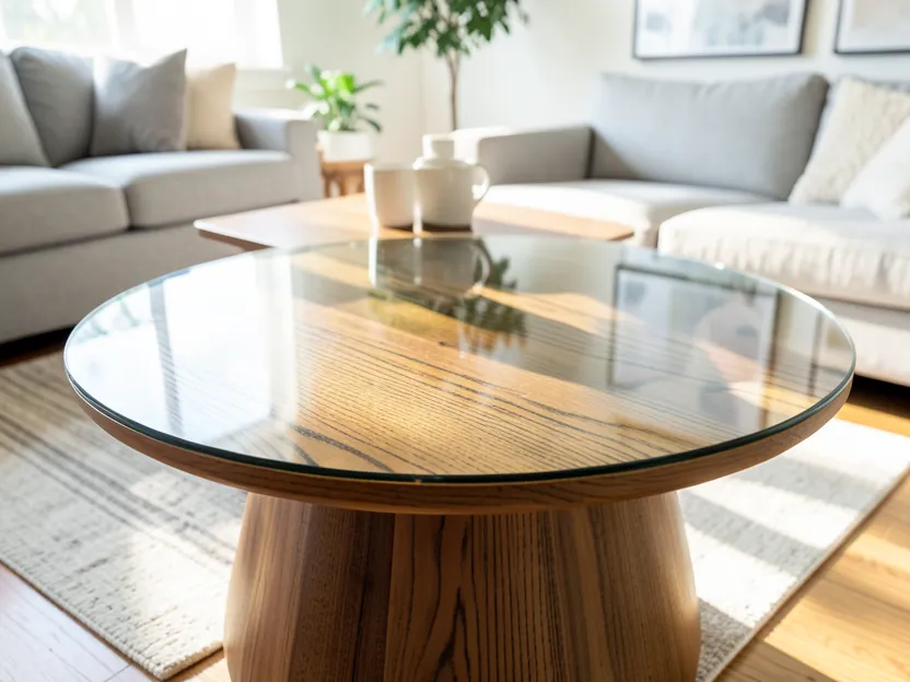 Finished wood table with clear tempered glass top in a living room