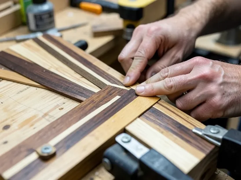 Woodworker gluing diagonal strips of alternating dark and light wood to form diamond inlay banding