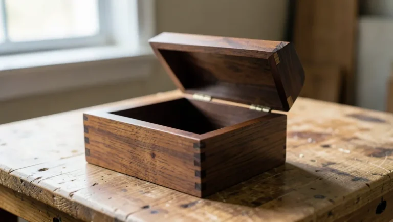 Open handcrafted solid walnut wooden jewelry box with dovetail joinery on a workbench