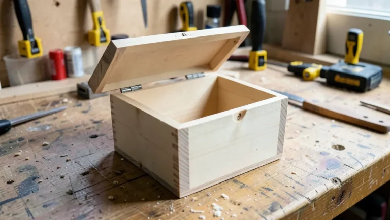 Handmade wooden box with mitered corners on a workbench