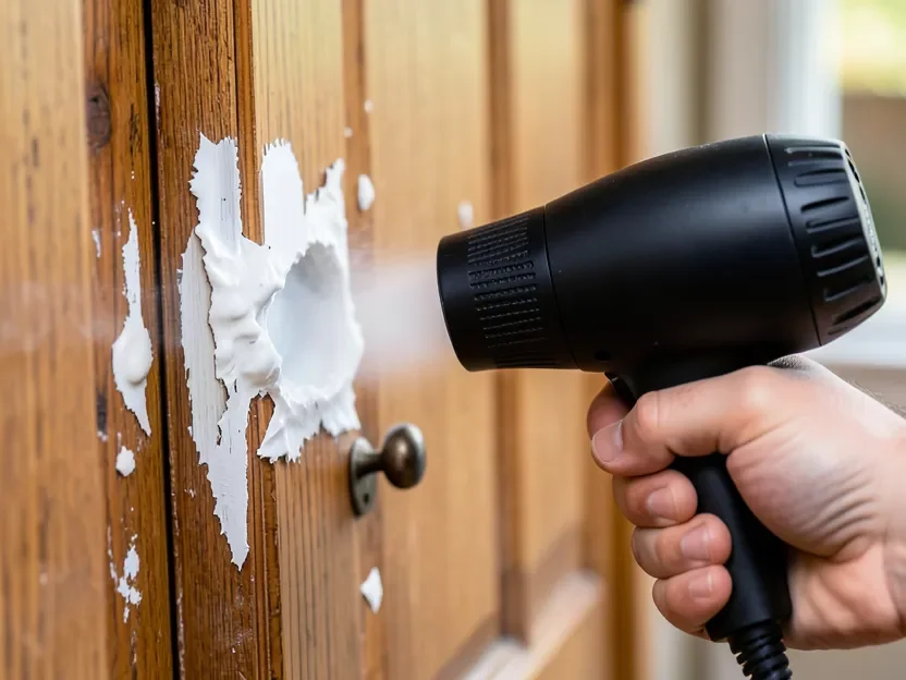 A heat gun blistering and lifting old paint on a wood cabinet door