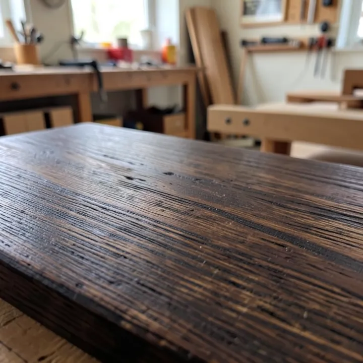 dark brown thermally modified wood grain close-up after heat treatment