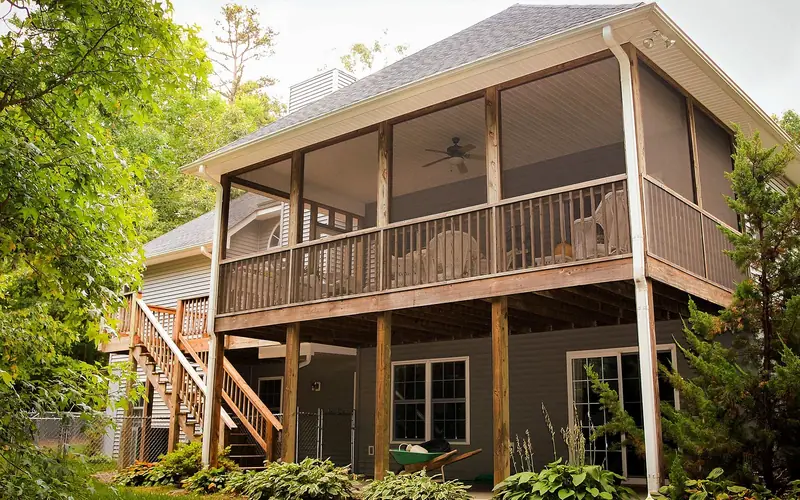 elevated wood deck and porch structure built from durable exterior decking boards