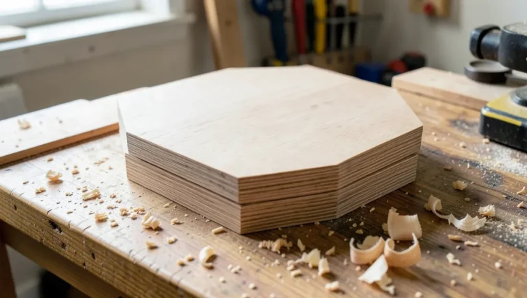 stack of finished hexagon shaped wood cutouts on a workshop bench with wood shavings