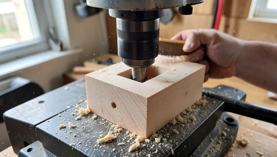 A hollow chisel mortiser boring a square hole in wood on a drill press