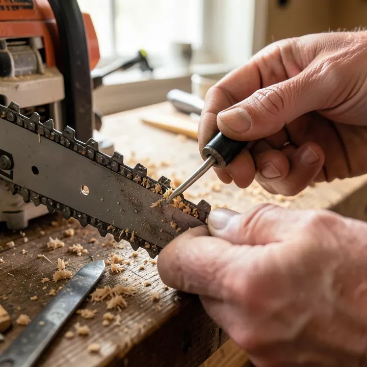 Hands cleaning the oil groove of a chainsaw guide bar with a small scraper tool